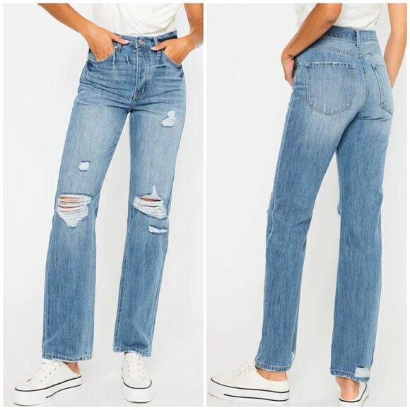 Kancan Hattie High Rise 90's Straight Leg Distressed Light Denim Jeans Size 5/26 - Picture 1 of 9